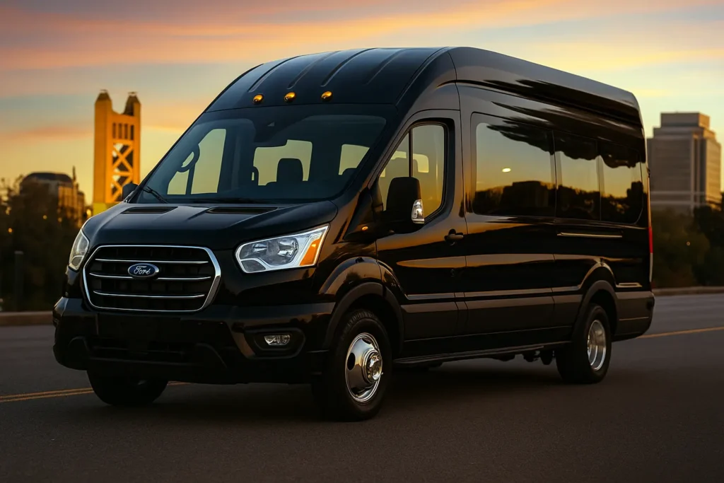 Luxury Sacramento airport shuttle van providing chauffeur service to SFO, SJC, and OAK