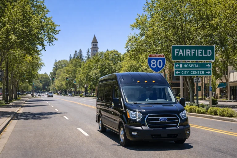 “Black airport shuttle van driving on a tree-lined road in Fairfield, California near Interstate 80 under a clear blue sky.”