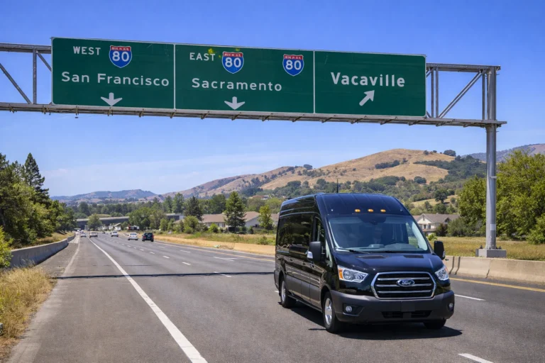 Black airport shuttle driving on Interstate 80 in Vacaville, California, with clear freeway signs toward Sacramento and San Francisco, highlighting reliable airport transportation and regional connectivity.