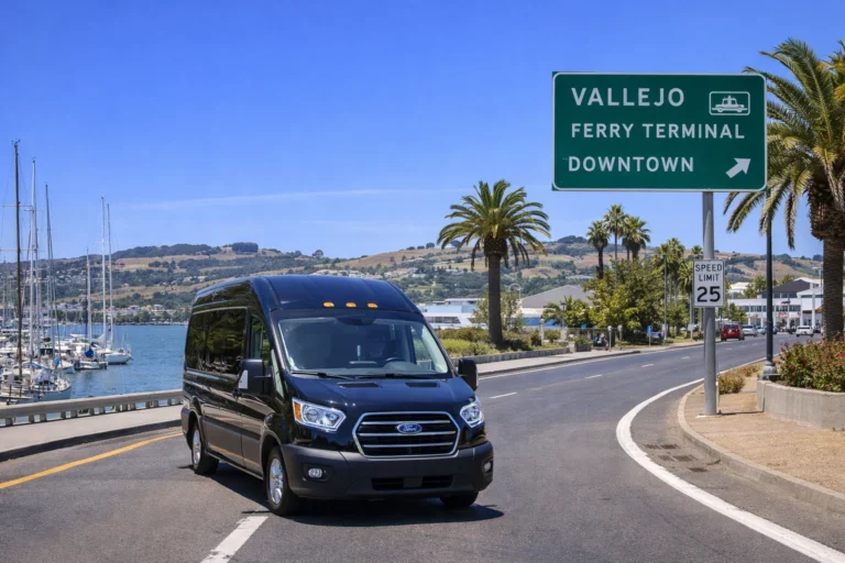 Modern black airport shuttle driving near Vallejo Ferry Terminal waterfront in Vallejo, California, showcasing professional airport transportation service with easy access to Bay Area airports.