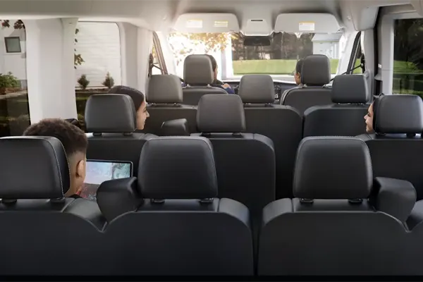 Interior of Vacaville Shuttle van showing spacious, comfortable seating for families, commuters, and travellers