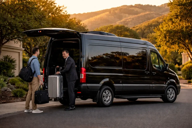 Professional Alamo airport shuttle service van providing private and shared airport transportation with luggage assistance