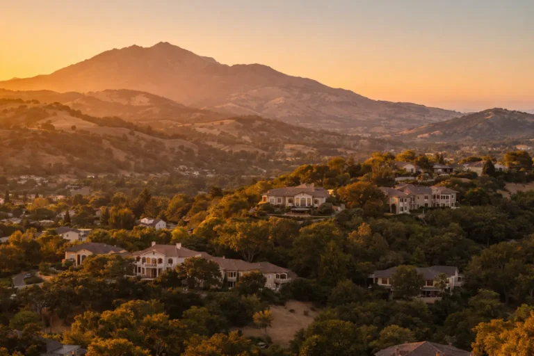 Scenic view of Alamo California rolling hills with upscale homes and Mount Diablo in the background