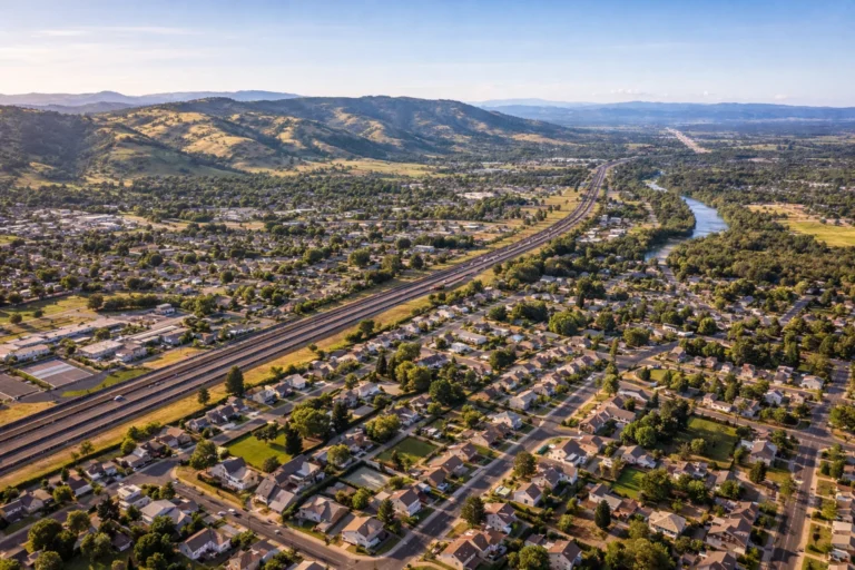Aerial view of Anderson California with residential neighborhoods and Interstate 5 corridor