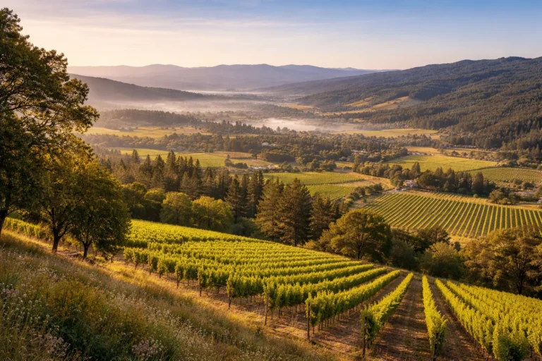 Scenic hillside view of Angwin California overlooking Napa Valley vineyards