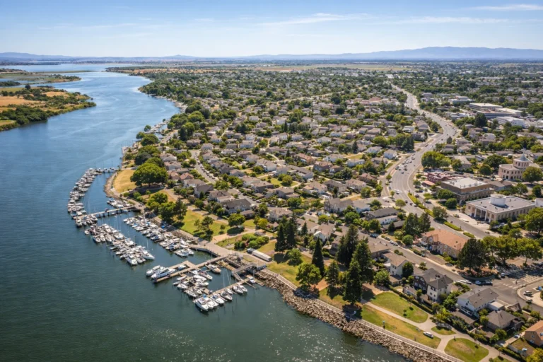 Scenic waterfront view of Antioch California along the San Joaquin River with marina and residential community