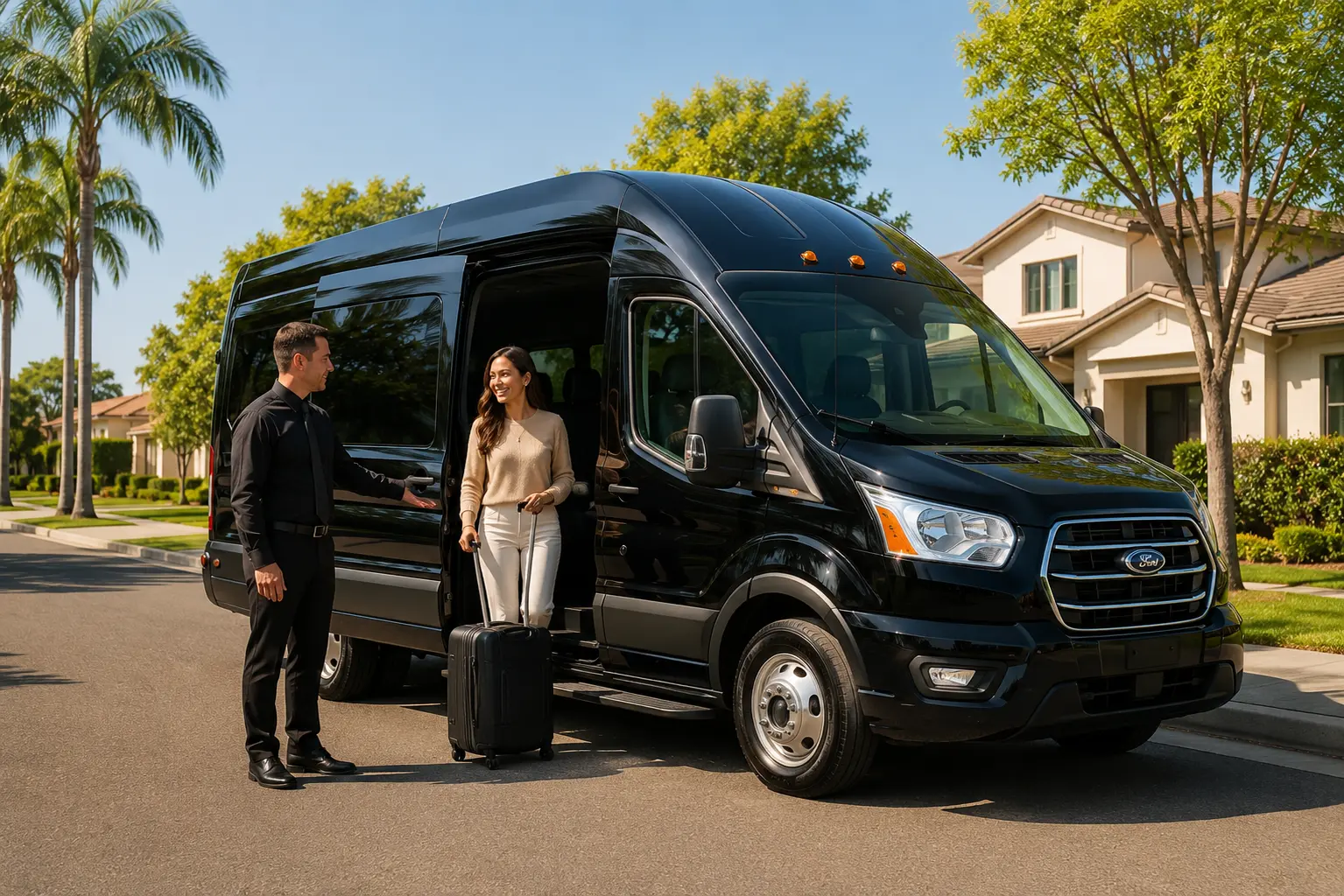 Professional Vacaville airport shuttle driver assisting passenger with luggage for door-to-door travel