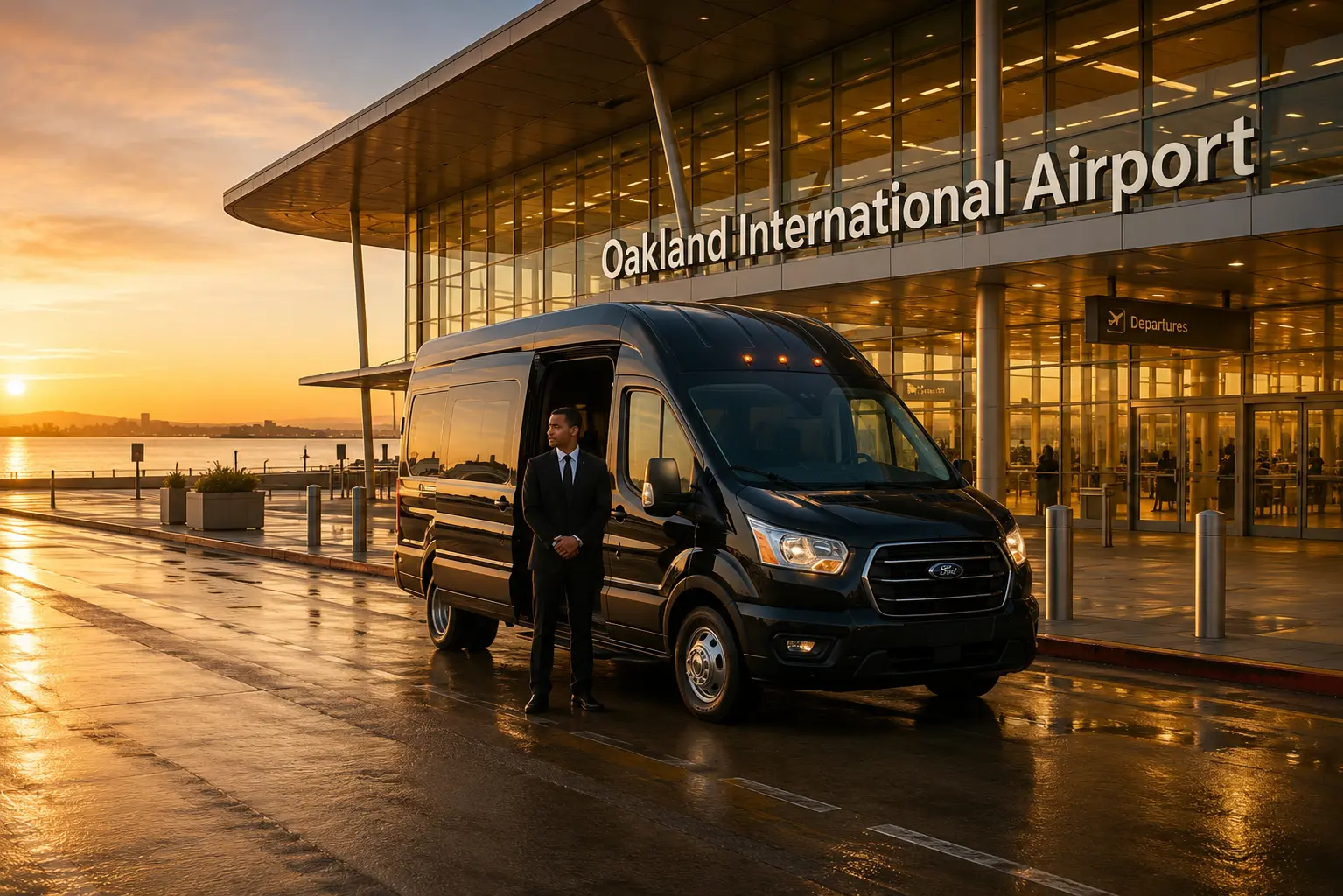 Vacaville to OAK airport shuttle van parked at Oakland International Airport terminal entrance with professional driver for direct private transfers