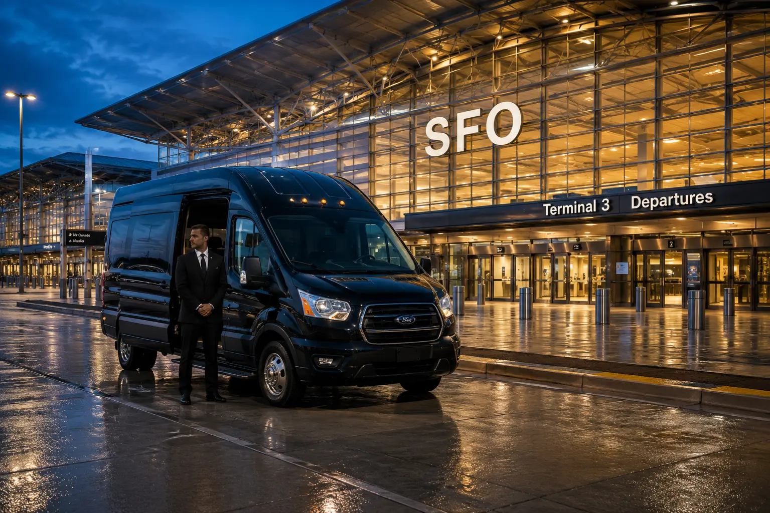 Vacaville to SFO airport shuttle van parked at San Francisco International Airport terminal entrance with professional driver