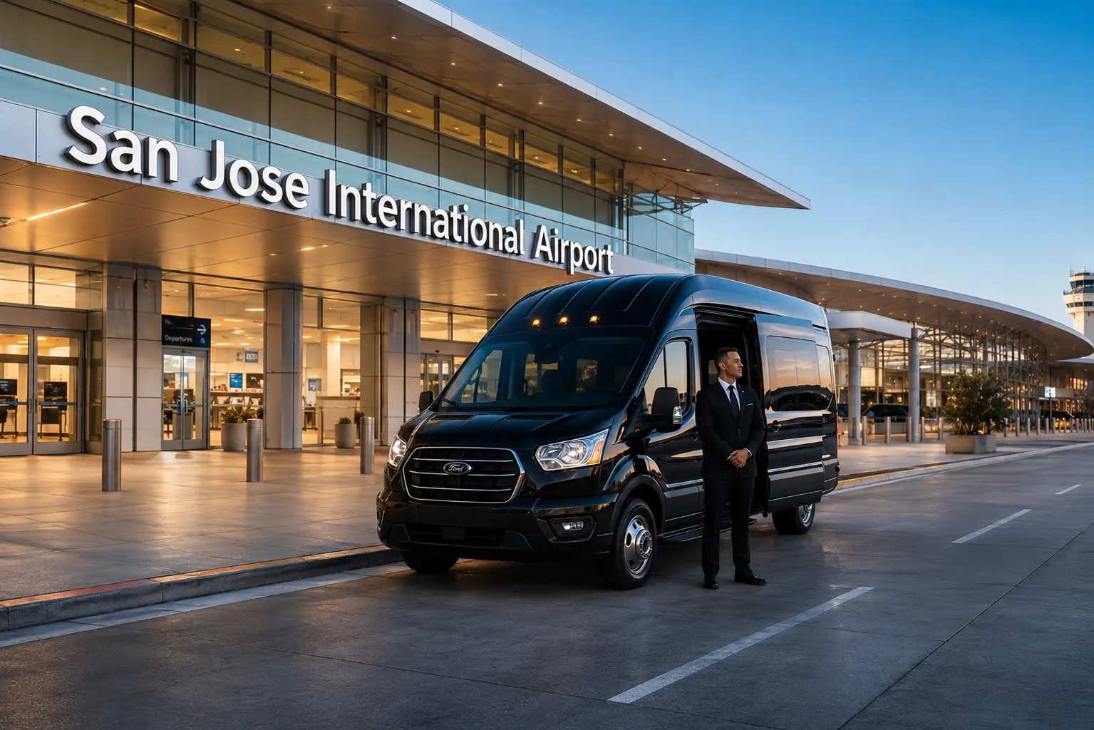 Vacaville to SJC airport shuttle van parked at San Jose International Airport terminal entrance with professional driver ready for pickup