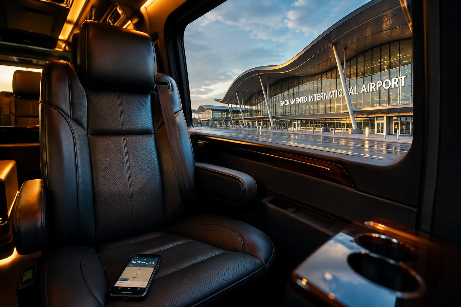 Comfortable Vacaville to SMF airport shuttle interior with real-time flight tracking and professional service