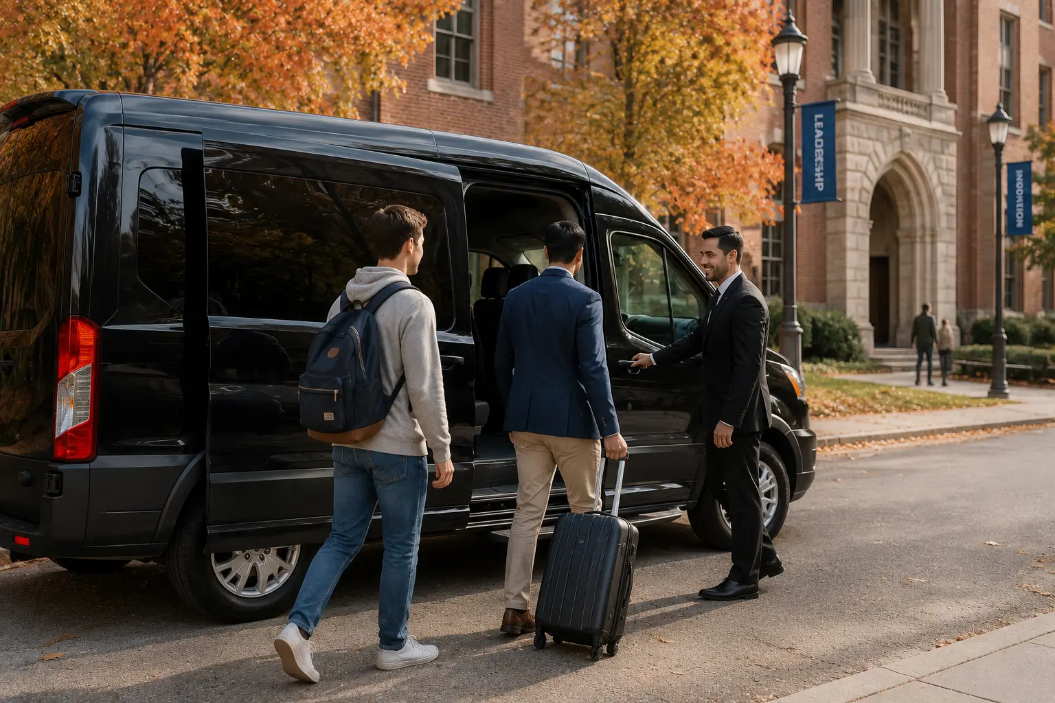 Davis airport shuttle driver assisting a student and business traveler with door to door pickup