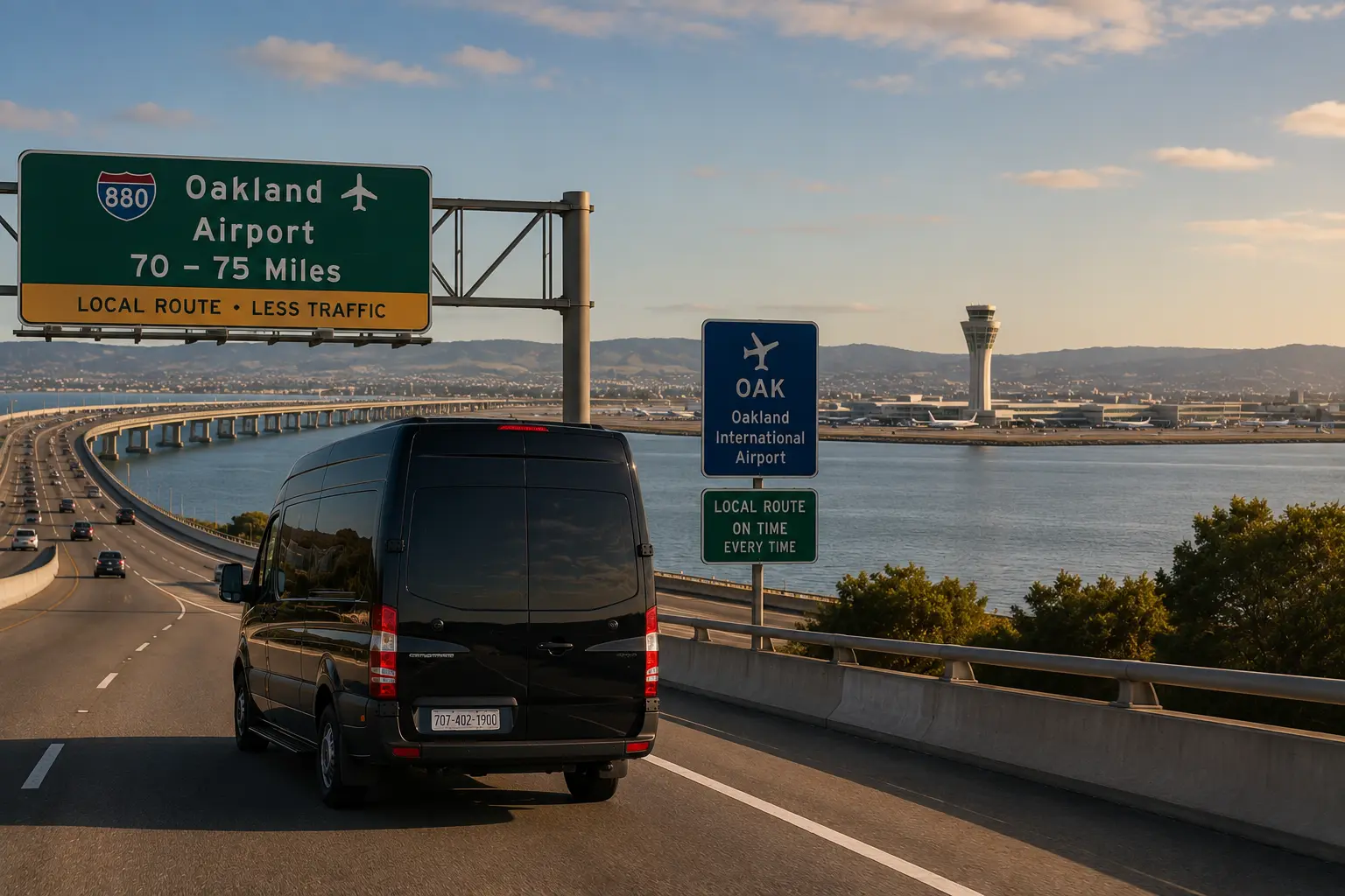Davis to Oakland OAK airport shuttle crossing bay bridge approach