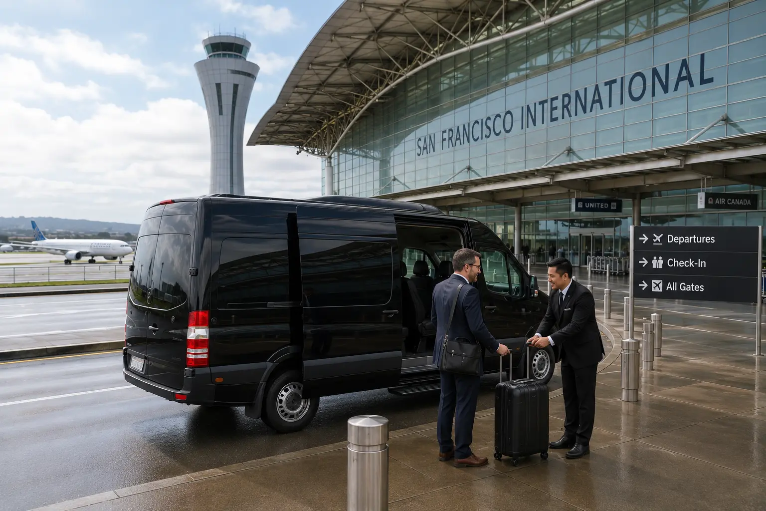 Davis to SFO airport shuttle curbside with control tower view