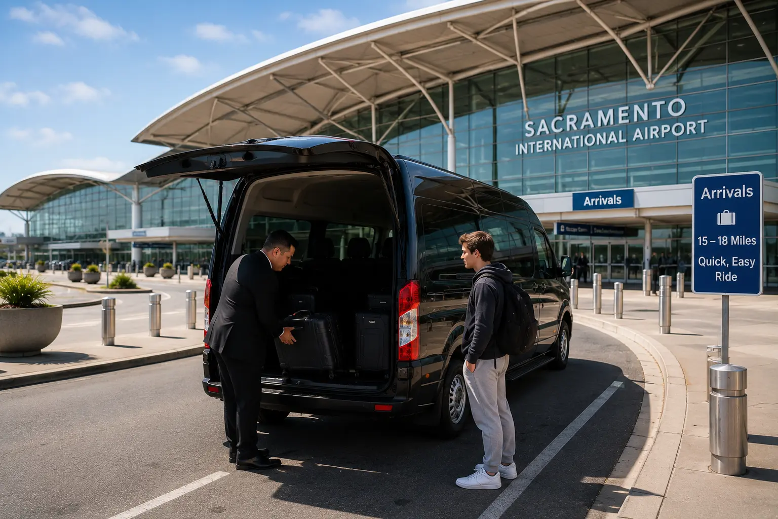 Davis to Sacramento SMF airport shuttle at arrivals curb