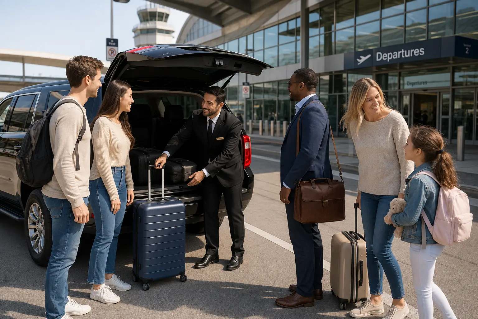 Fairfield airport shuttle driver assisting a family and solo traveler with luggage before departure