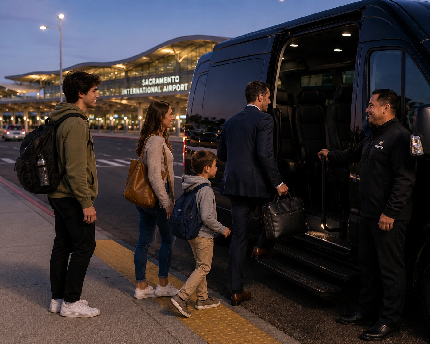 Fairfield to Sacramento SMF airport shuttle with mixed passengers