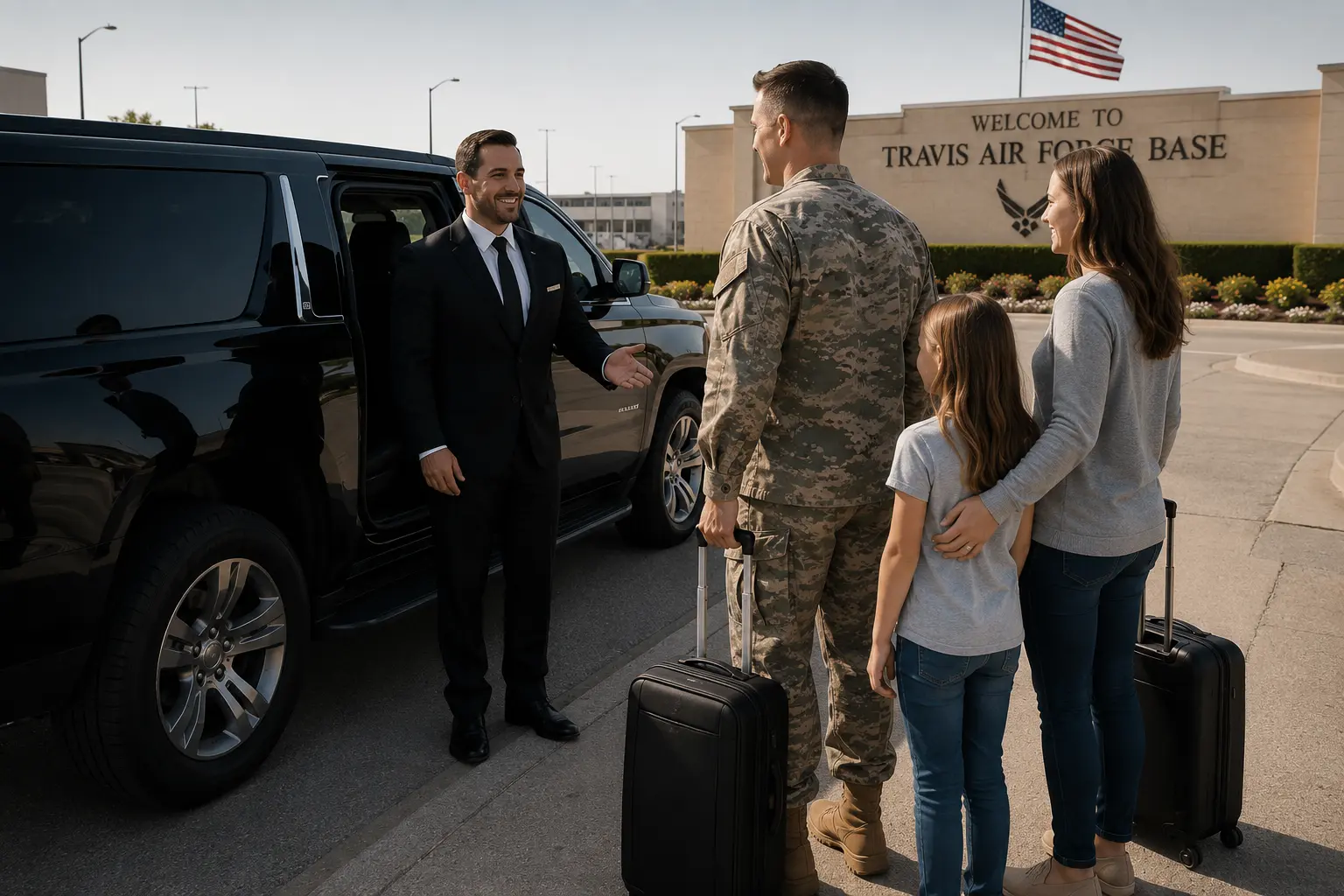 Professional shuttle driver greeting a military family for pickup near Travis Air Force Base