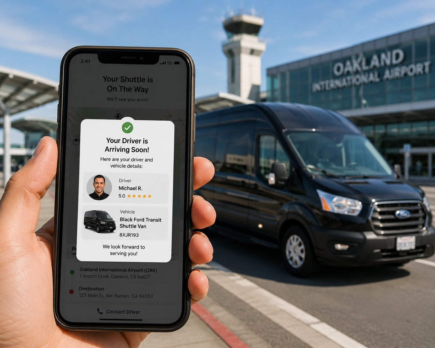 Travis to Oakland OAK airport shuttle driver notification alert