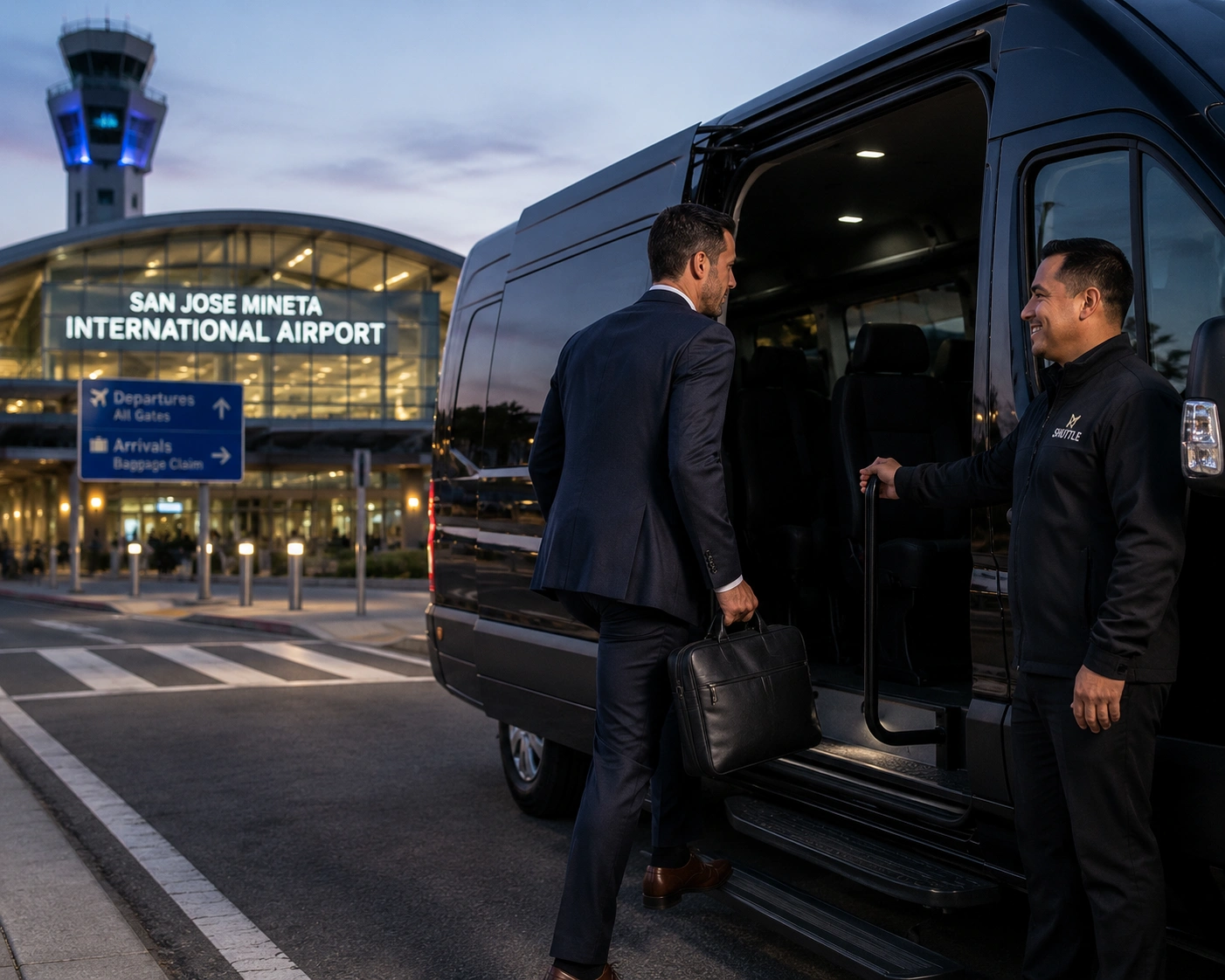 Business traveler boarding Travis to San Jose SJC airport shuttle