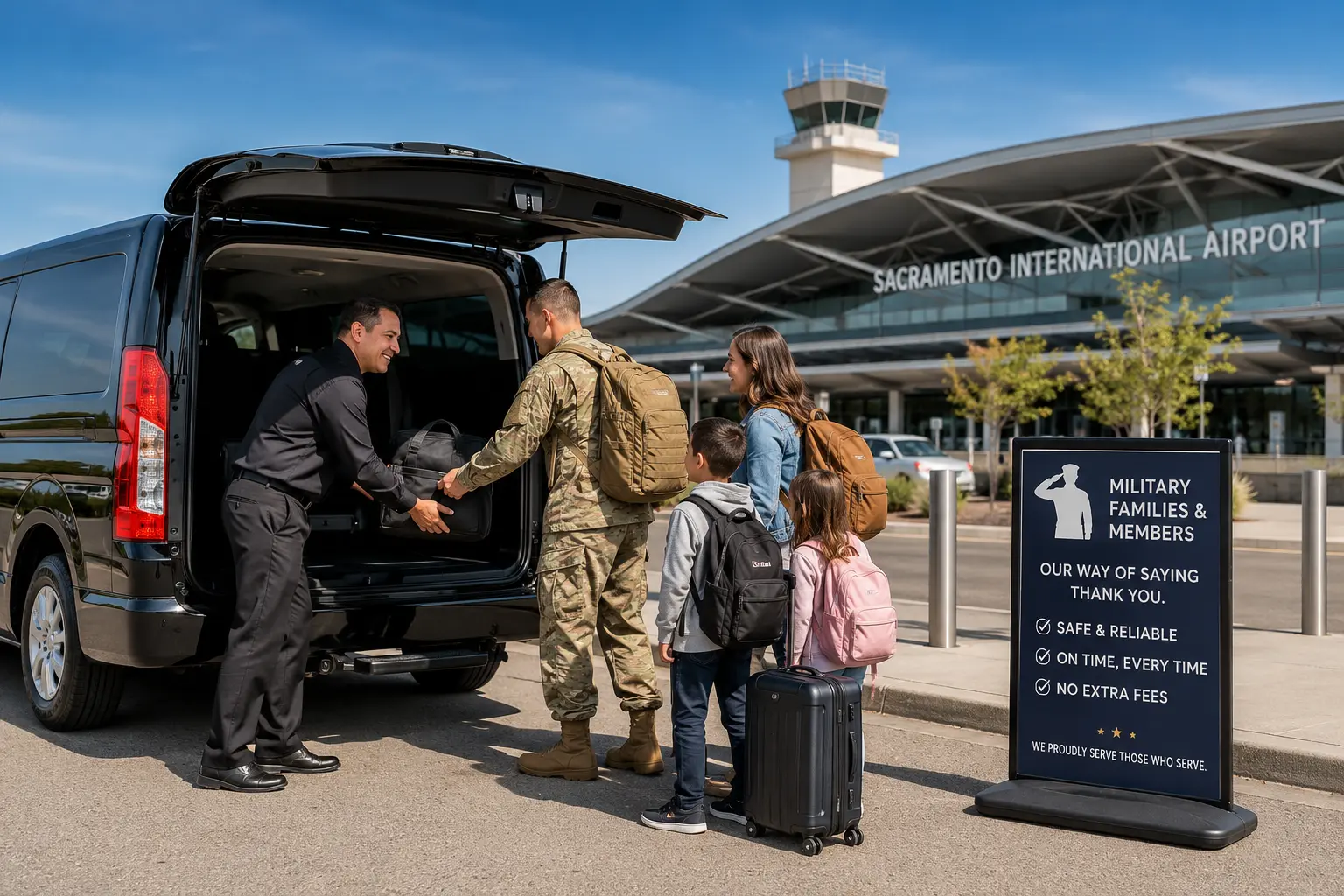 Travis to Sacramento SMF airport shuttle for military families