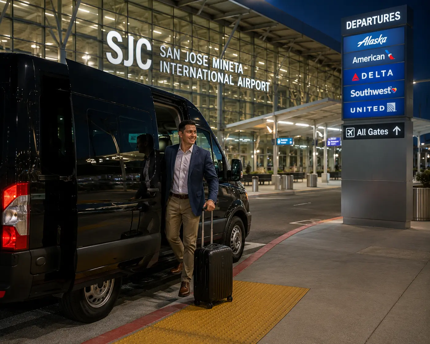 Passenger arriving at San Jose SJC airport from Vallejo shuttle